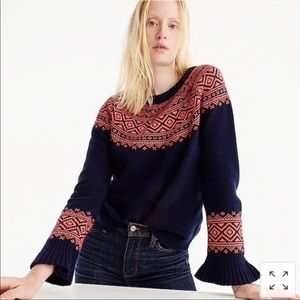 J Crew Fair Isle Ruffle Sleeve Sweater Merino Wool Blend Navy Orange Bell Sleeve